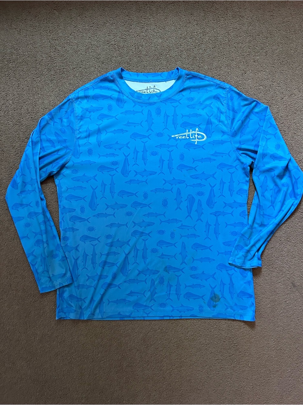Men’s Reel Life Fishing Shirt Blue Fish Print Work Shirt Long Sleeved